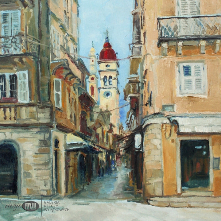 wspomnienie-z-Corfu-grecka-wyspa-obraz-olejny-na-sciane-malowany-architektura-kamienica-ulica-wieza-sztuka