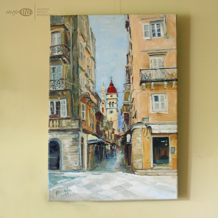 wspomnienie-z-Corfu-grecka-wyspa-obraz-olejny-na-sciane-malowany-architektura-kamienica-ulica-wieza-sztuka