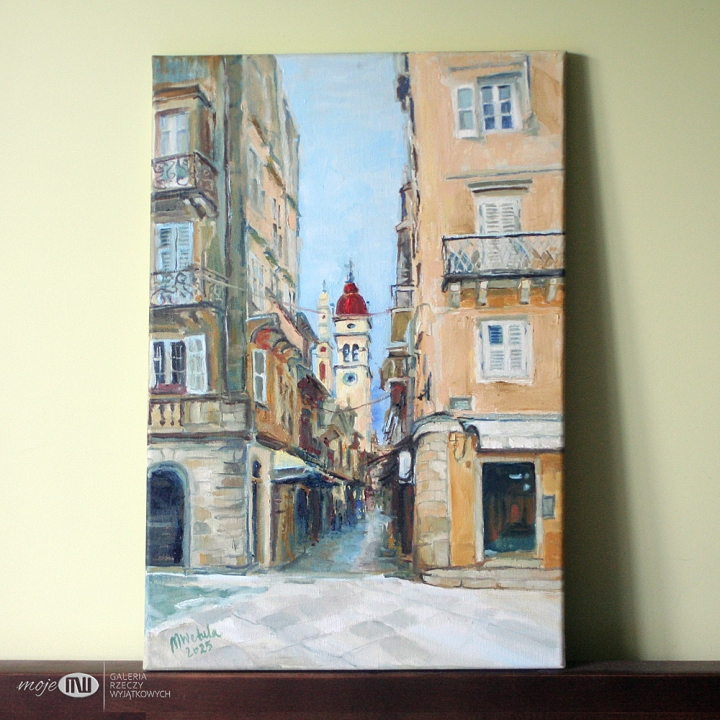 wspomnienie-z-Corfu-grecka-wyspa-obraz-olejny-na-sciane-malowany-architektura-kamienica-ulica-wieza-sztuka