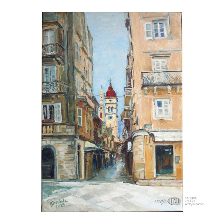 wspomnienie-z-Corfu-grecka-wyspa-obraz-olejny-na-sciane-malowany-architektura-kamienica-ulica-wieza-sztuka