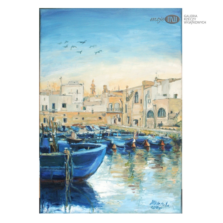 Monopoli-rankiem-obraz-olejny-malowany-na-sciane-widok-woda-lodzie-miasto-przystan-architektura