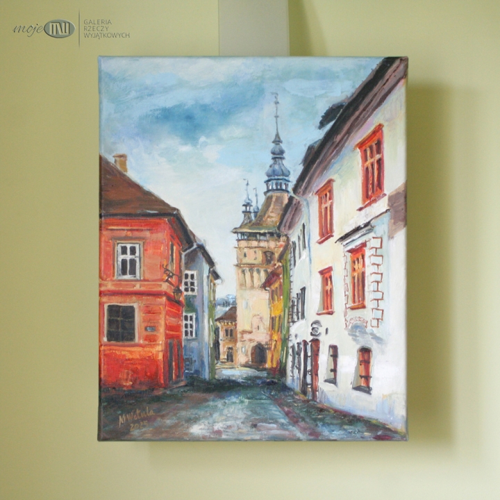 Sighisoara-malowany-obraz-olejny-na-sciane-widok-miasto-ulica-wieza-zegarowa