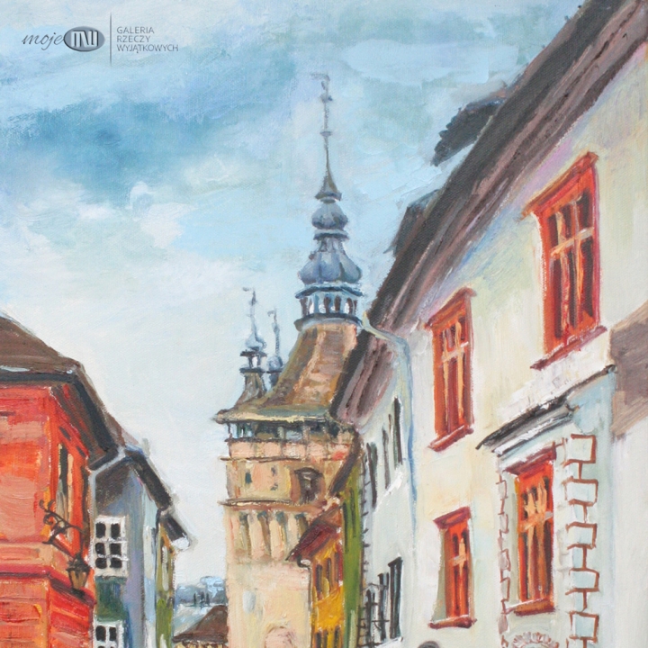 Sighisoara-malowany-obraz-olejny-na-sciane-widok-miasto-ulica-wieza-zegarowa
