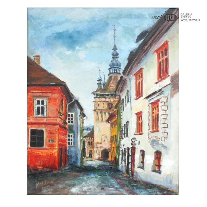 Sighisoara-malowany-obraz-olejny-na-sciane-widok-miasto-ulica-wieza-zegarowa