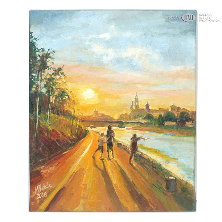Krakow-inaczej-obraz-olejny-na-plotnie-malowany-na-sciane-widok-miasto-bulwary-wislane-Wawel-postacie