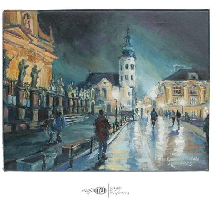 noca-na-Grodzkiej-obraz-oljeny-malowany-na-sciane-Krakow-ulica-noc-kosciol-ludzie-wieczor-mglisty