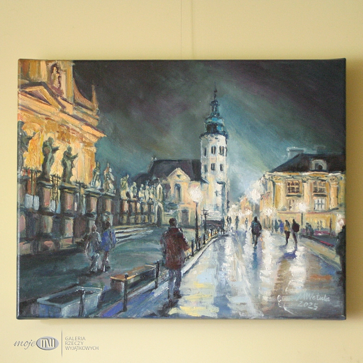 noca-na-Grodzkiej-obraz-oljeny-malowany-na-sciane-Krakow-ulica-noc-kosciol-ludzie-wieczor-mglisty