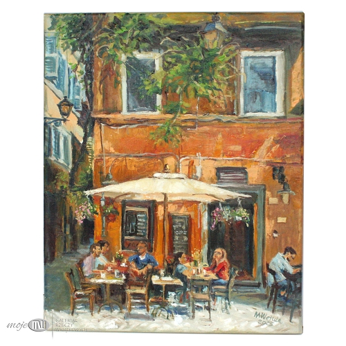 kawiarenka-w-Trastevere-obraz-olejny-malowany-na-sciane-uliczka-kawiarnia-ludzie-wakacje