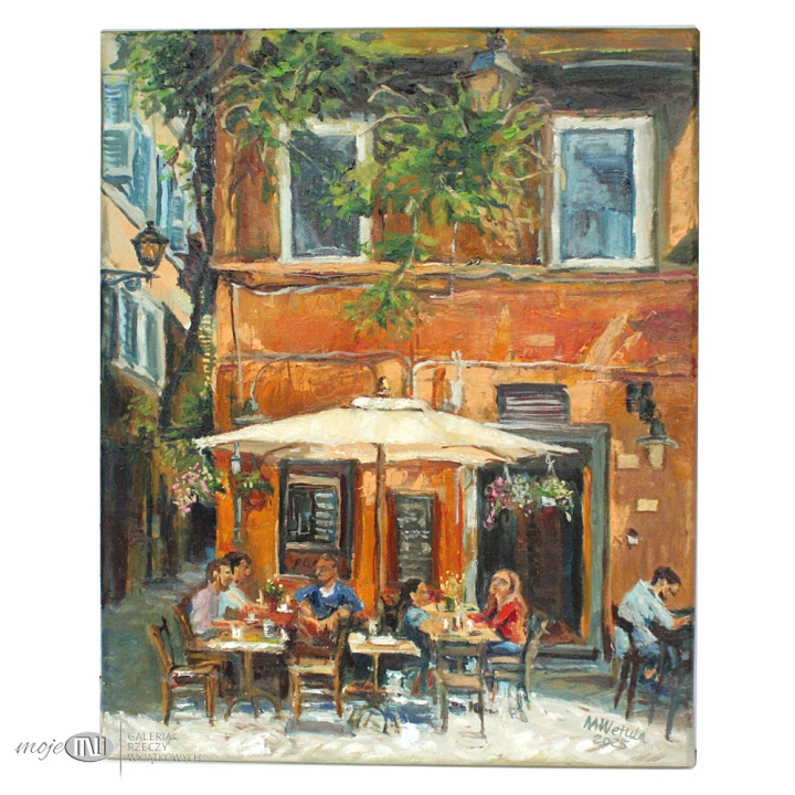 kawiarenka-w-Trastevere-obraz-olejny-malowany-na-sciane-uliczka-kawiarnia-ludzie-wakacje