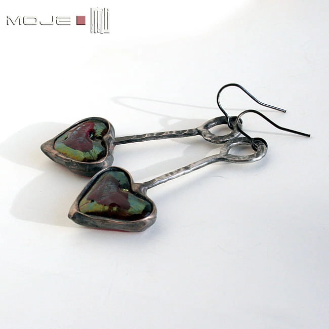 serducha, kolczyki, kolczyki tiffany, biżuteria z miedzi, biżuteria tiffany, rękodzieło, ręcznie robione, biżuteria autorska, szkło, kolczyki szklane, handmade, fusing szklany, serca, czerwone serce, walentynki