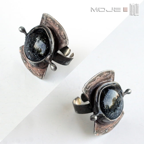 Yamiwa, pierścionek, pierścień, biżuteria fusing, szklane oczko, ręcznie robione, hand made, biżuteria autorska, trawiona miedź, miedziany pierścionek