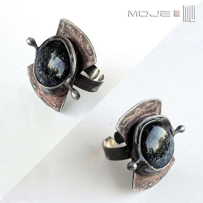 Yamiwa, pierścionek, pierścień, biżuteria fusing, szklane oczko, ręcznie robione, hand made, biżuteria autorska, trawiona miedź, miedziany pierścionek