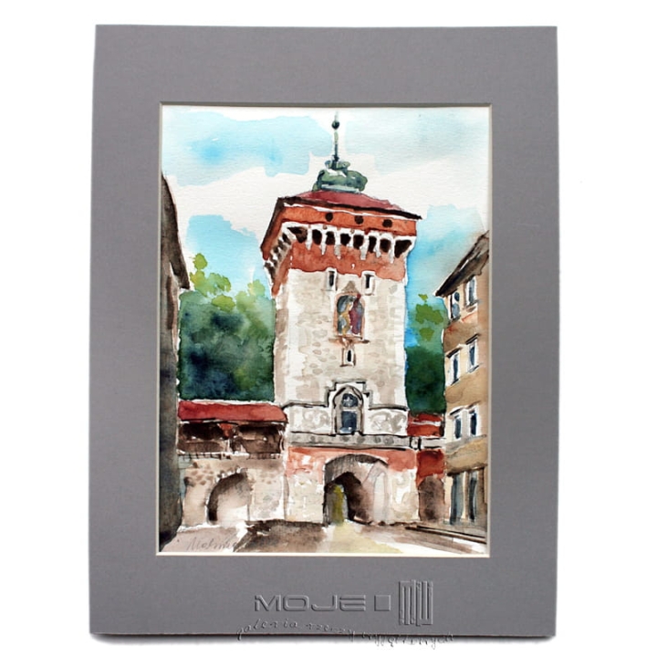 Brama Floriańska, akwarela, Kraków w akwareli, pamiątka z Krakowa, obrazek