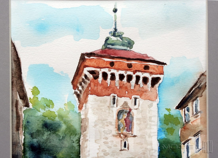 Brama Floriańska, akwarela, Kraków w akwareli, pamiątka z Krakowa, obrazek