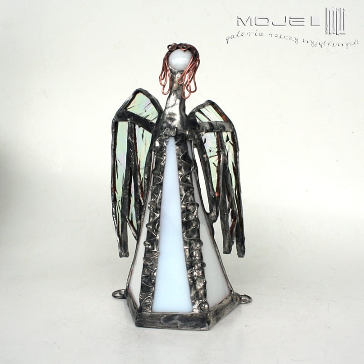 Biały anioł, witrażowy anioł, stojący dekoracyjny anioł, szkło witrażowe, komunia święta, rodzice chrzestni, prezent