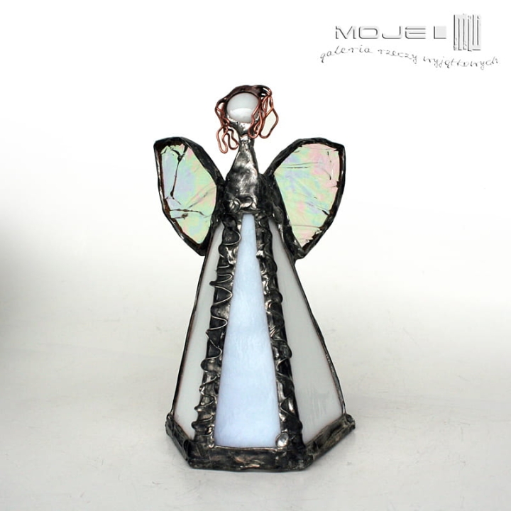 Biały anioł, witrażowy anioł, stojący dekoracyjny anioł, szkło witrażowe, komunia święta, rodzice chrzestni, prezent