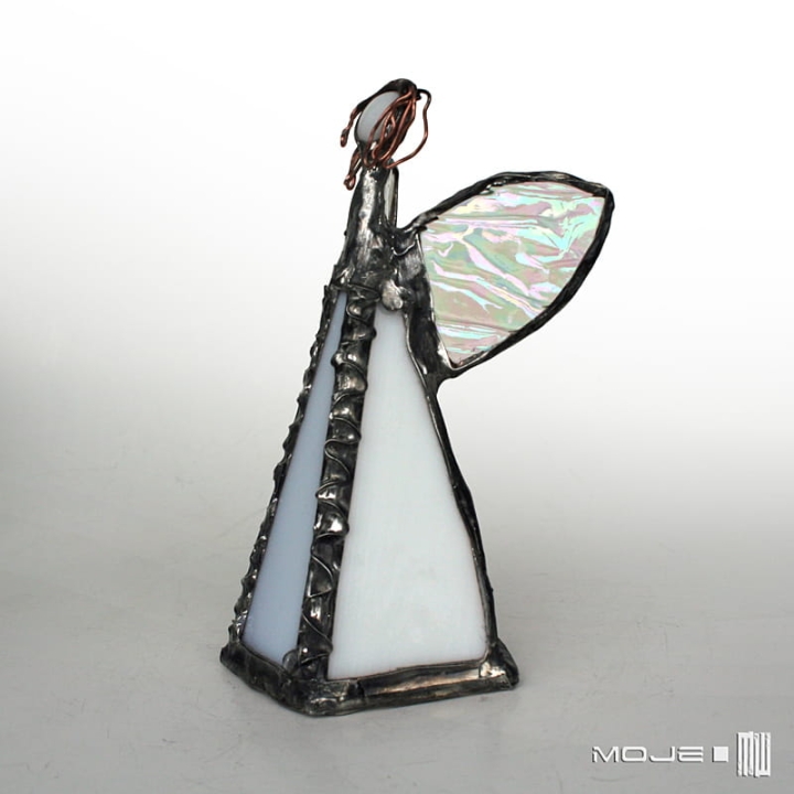 Biały anioł, witrażowy anioł, stojący dekoracyjny anioł, szkło witrażowe, komunia święta, rodzice chrzestni, prezent