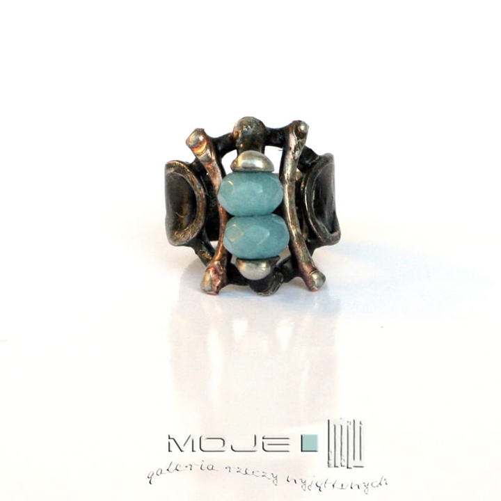 Awenturyn w karbach, miedziany pierścionek z awenturynem