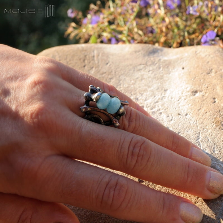 Awenturyn w karbach, miedziany pierścionek z awenturynem