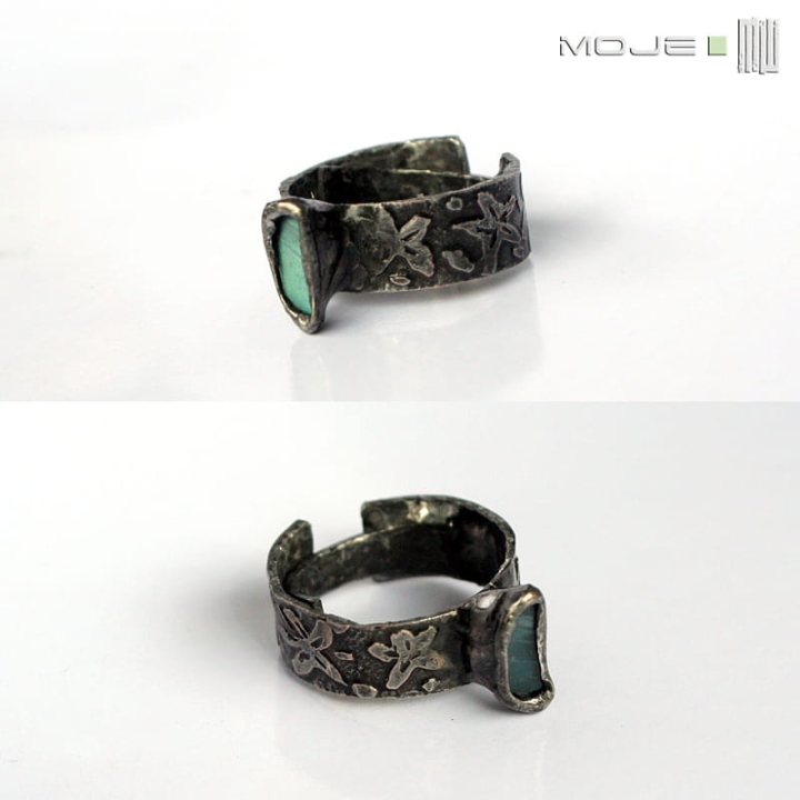 Kwietny labradoryt, miedziany pierścionek, pierścionek z labradorytem