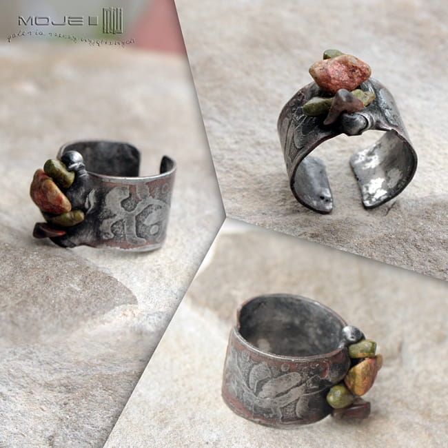 Inanna, biżuteria tiffany, biżuteria z miedzi, pierścionek z miedzi, obrączka z miedzi, biżuteria autorska, metaloplastyka, oryginalny pierścionek, pierścionek, obrączka, hand made, kamienie naturalne, unakit, trawiona miedź