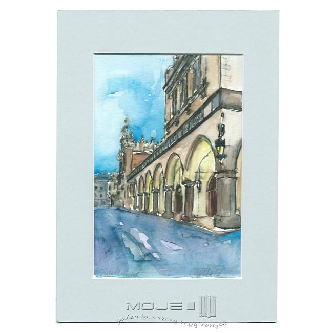 Sukiennice w Krakowie, akwarela, Kraków w akwareli, Rynek Główny w Krakowie, obraz, akwarela, Kraków, Sukiennice, architektura w akwareli,