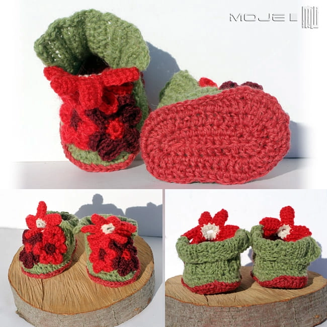 czerwone kwiatuszki, włóczkowe buciki, buciki z włóczki, szydełkowe buciki, hand made, kwiatki z włóczki, dla dzieci, buciki dla dzieci,