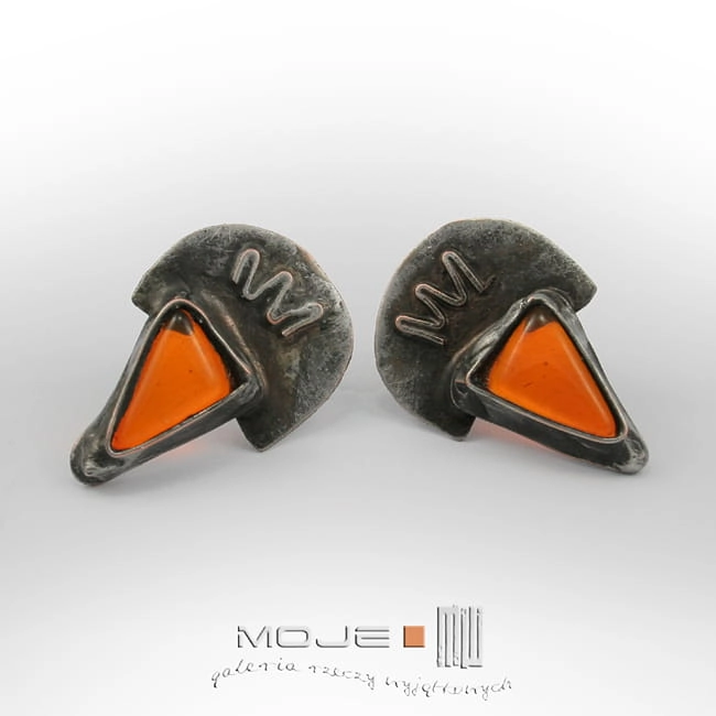 aztecki ząb, kolczyki ze szkła i miedzi, szklane trójkąty, pomarańczowe, surowe, etniczne, rustykalne, hand made, ręcznie robione, biżuteria fusing, biżuteria  Tiffany