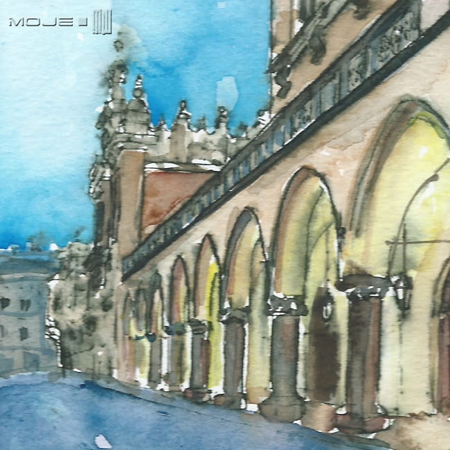 Sukiennice w Krakowie, akwarela, Kraków w akwareli, Rynek Główny w Krakowie, obraz, akwarela, Kraków, Sukiennice, architektura w akwareli,