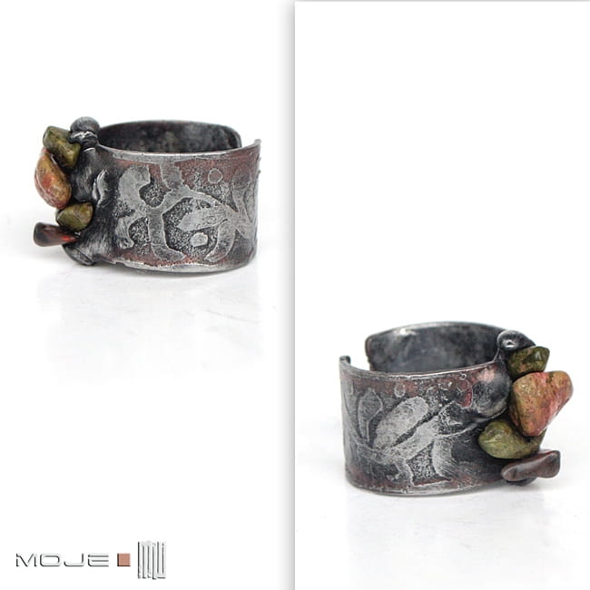 Inanna, biżuteria tiffany, biżuteria z miedzi, pierścionek z miedzi, obrączka z miedzi, biżuteria autorska, metaloplastyka, oryginalny pierścionek, pierścionek, obrączka, hand made, kamienie naturalne, unakit, trawiona miedź